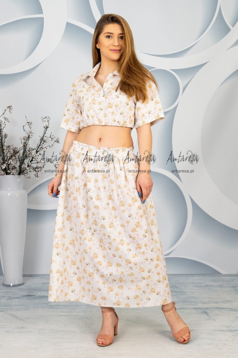 Długa bawełniana spódnica Barinasa w kwiaty na gumce beżowa