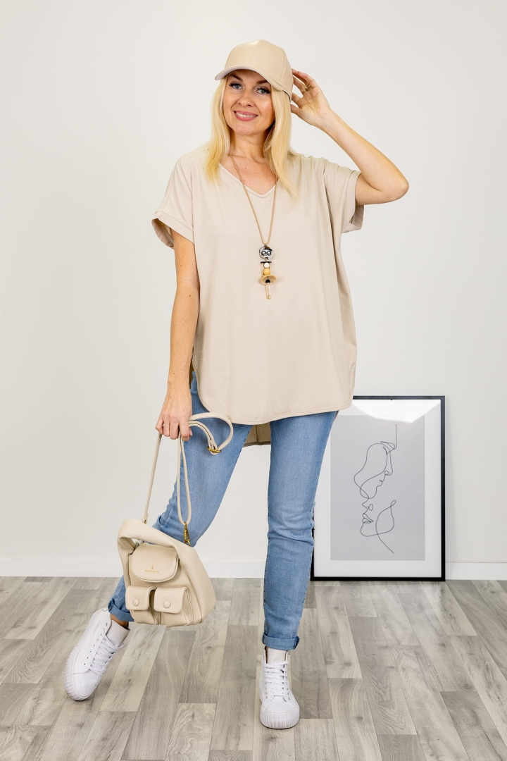 Oversizowa asymetryczna tunika Palmoria V neck beżowa jasna