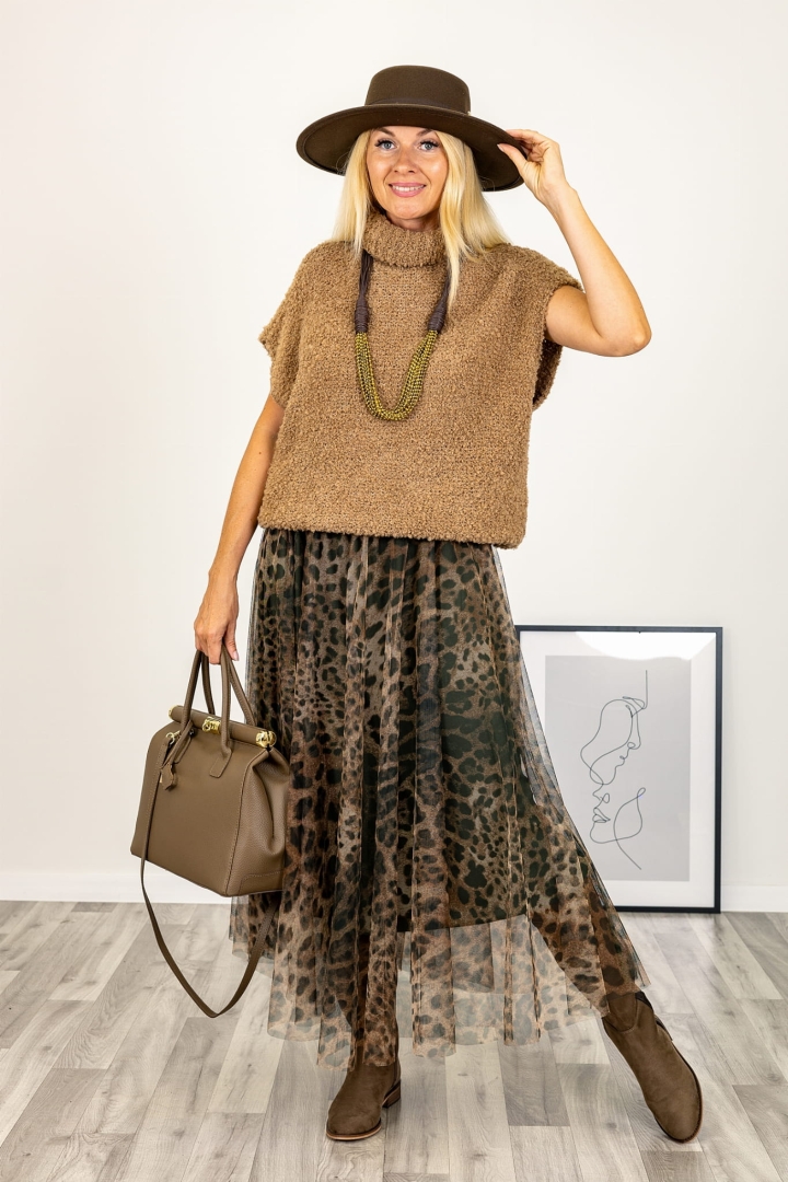 Modny golf damski camelowy oversize, sweter dzianinowy bez rękawów Buccinascoa