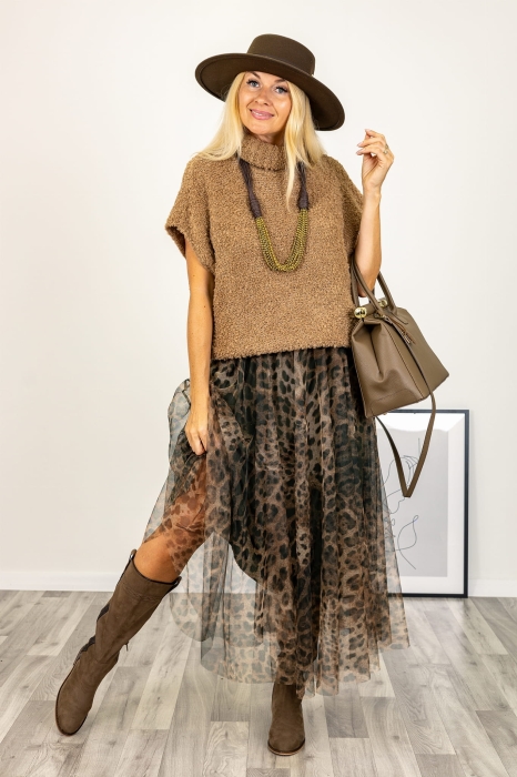 Oversizowy golf dzianinowy damski bez rękawów camelowy Buccinascoa