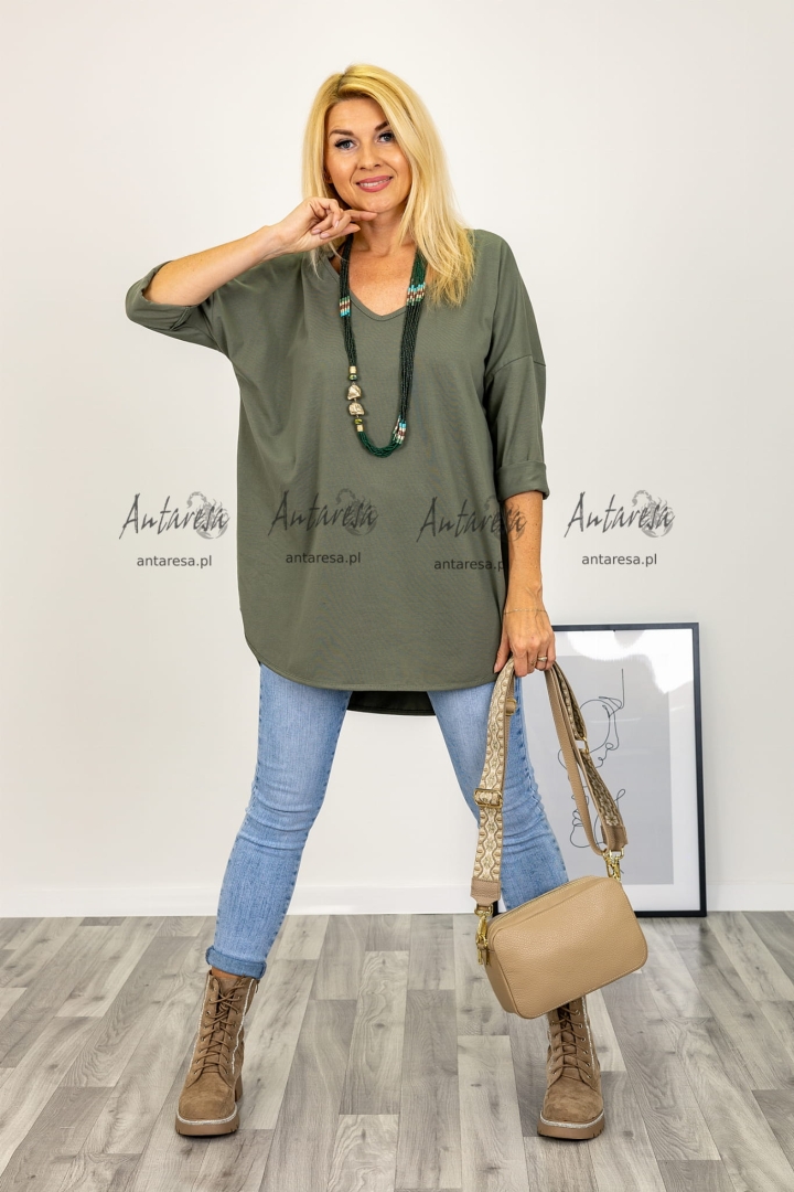 Bawełniana asymetryczna tunika Beriela V neck oversize khaki