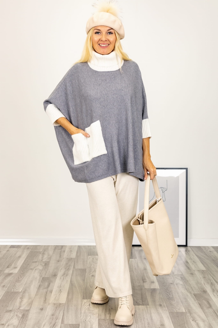 Sweter damski z golfem Biella szary i kontrastowe akcenty
