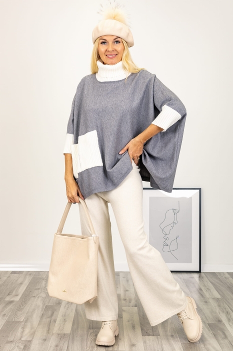 Mega oversizowy dzianinowy golf wykończony grubym splotem i kieszonką Biella szary
