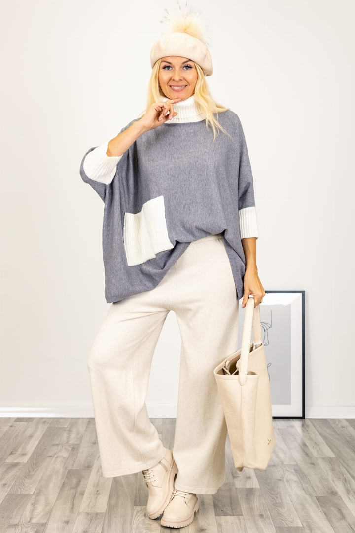 Mega oversizowy golf Biella szary z kontrastowymi wykończeniami