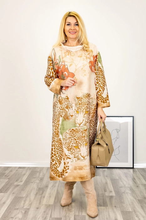 Sukienka print panterka i kwiat z długim rękawem i kieszeniami Canischioa beżowa z camelem
