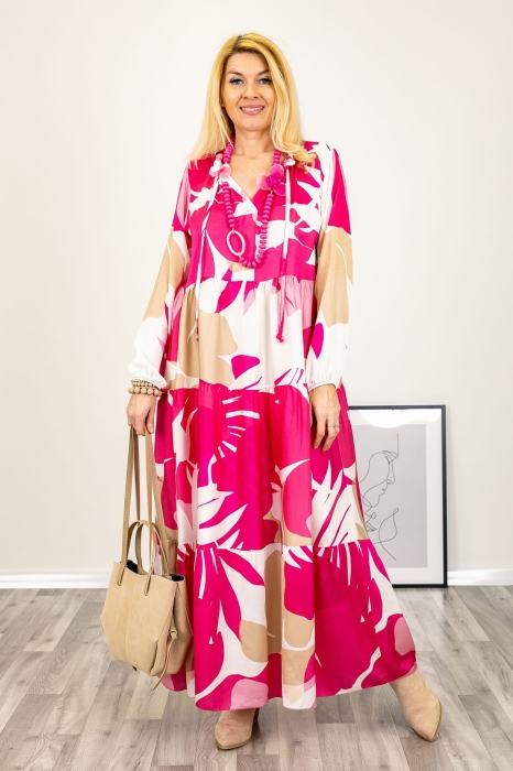 0B7A7526.jpgJedwabna rozkloszowana sukienka Sanremoa maxi z wiązanym dekoltem w abstrakcyjny print fuksja