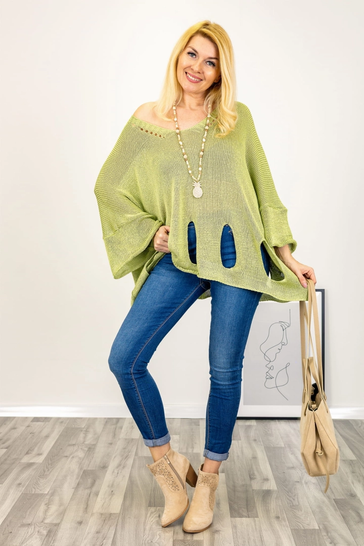 Dzianinowa tunika sweter z dziurami Antisciana mega oversize dekolt V  wiosenna zieleń