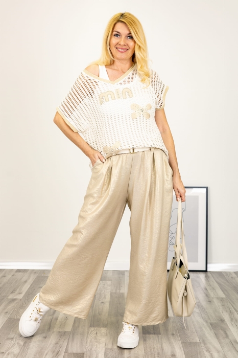 Bluzka ażurowa z krótkim rękawem aplikacją złote kwiaty Baricella ecru