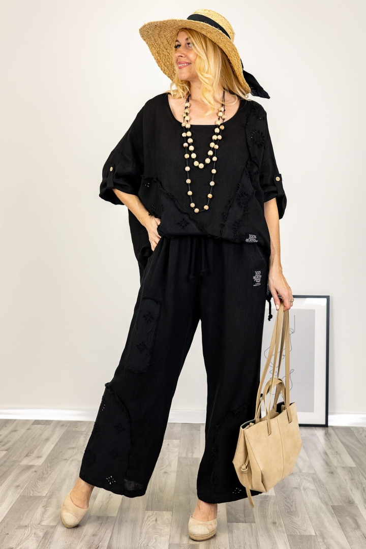 Lniane spodnie wide leg Mossanoa strzępione wstawki z ażurowymi kwiatkami czarne