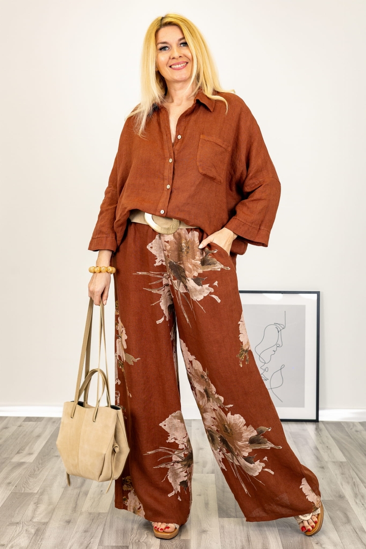 Lniane spodnie palazzo Galzignanoa w kwiaty cynamonowe