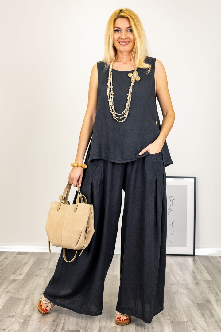 Lniane spodnie palazzo Barbona z zakładkami przy kieszonkach grafitowe