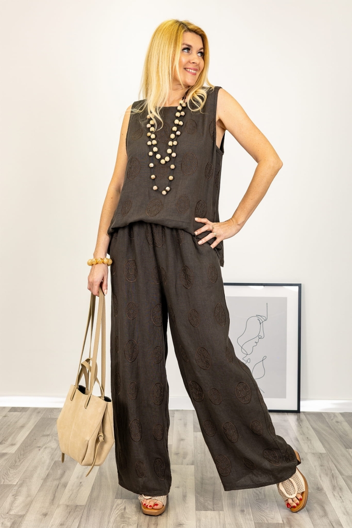 Spodnie lniane z haftowanymi zdobieniami Montallegroa brązowe