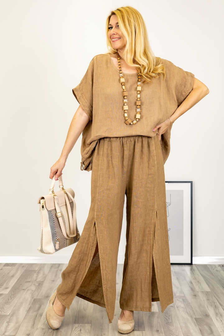 Lniane spodnie Sistiana z rozcięciami na nogawkach camelowe