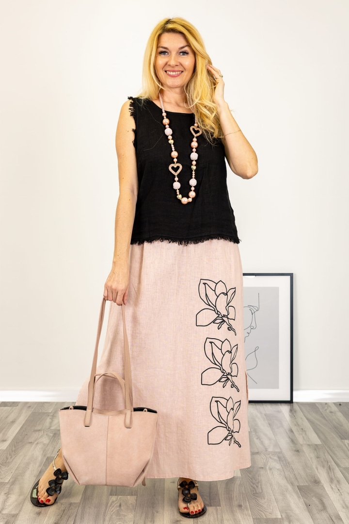 Spódnica lniana z nadrukiem kwiaty Commacchioa pudrowy róż