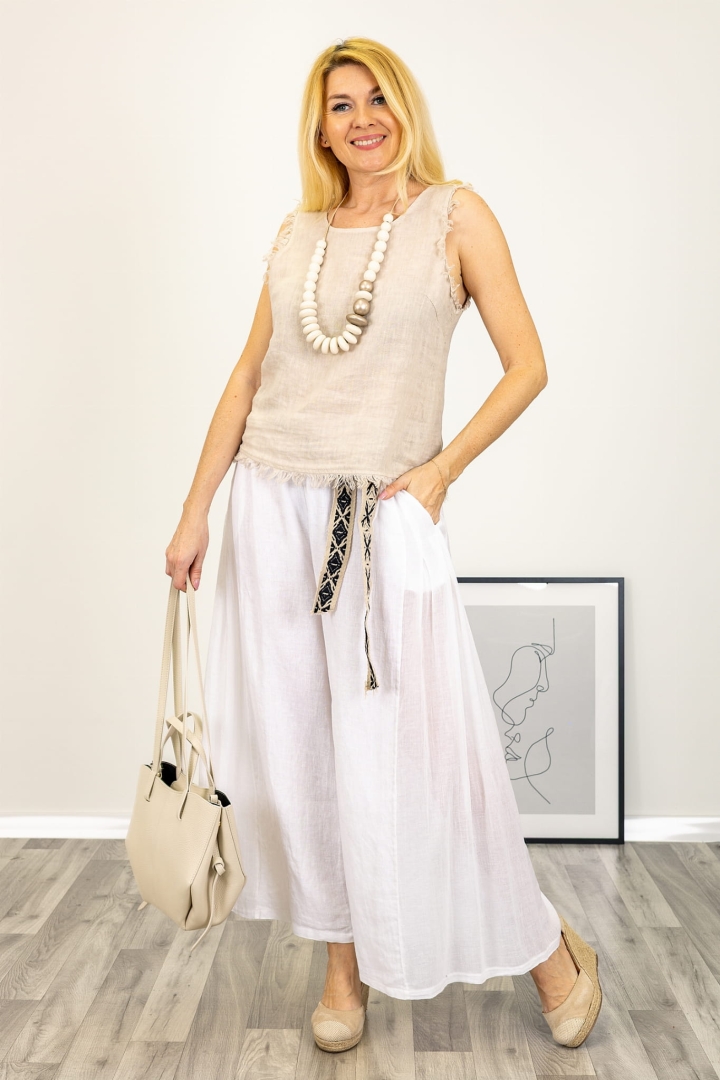 Lniane spodnie Pontebba palazzo z ozdobnymi zaszewkami na nogawkach białe