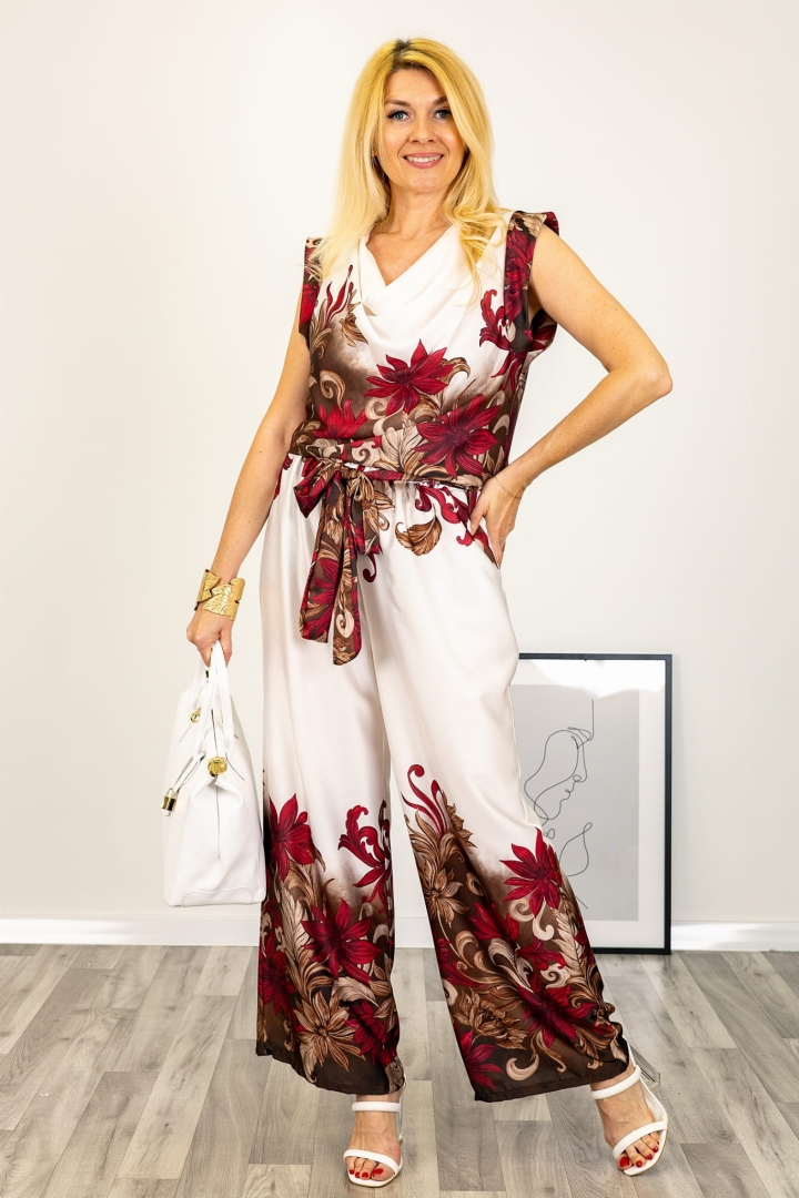 Spodnie satynowe wide leg kwiaty Solopaca ecru burgund