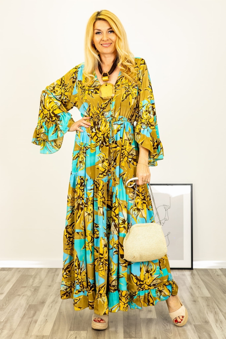 Sukienka jedwabna maxi asymetryczne rękawy print camelowe kwiaty Nuoroa niebieska