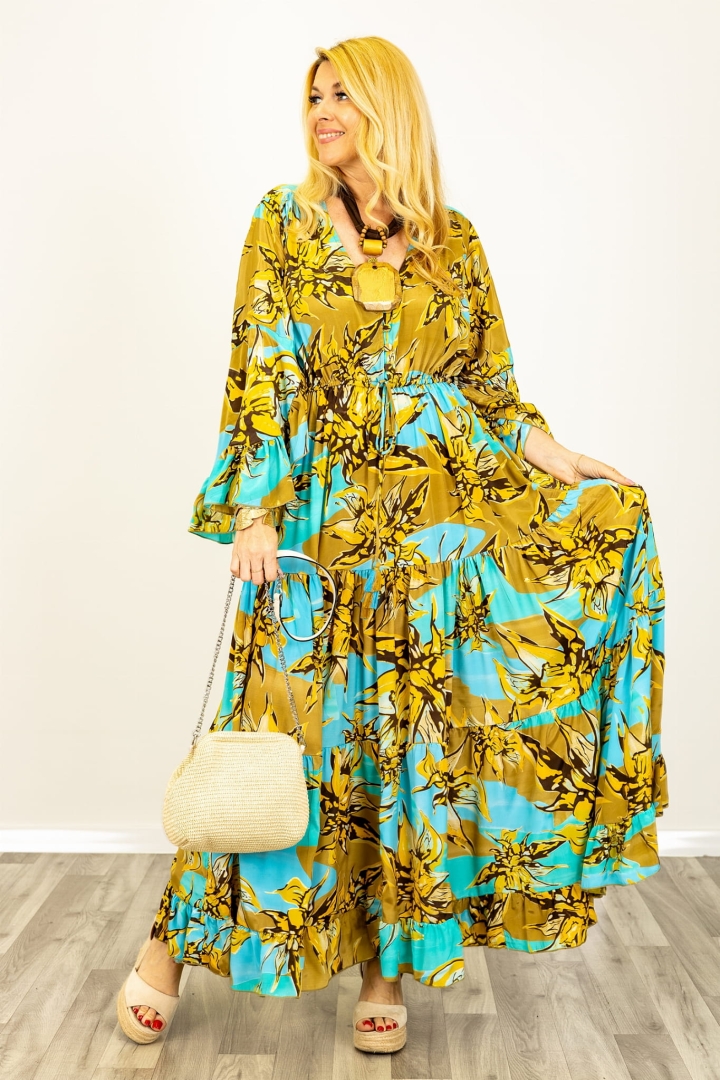 Sukienka jedwabna maxi asymetryczne rękawy print camelowe kwiaty Nuoroa niebieska