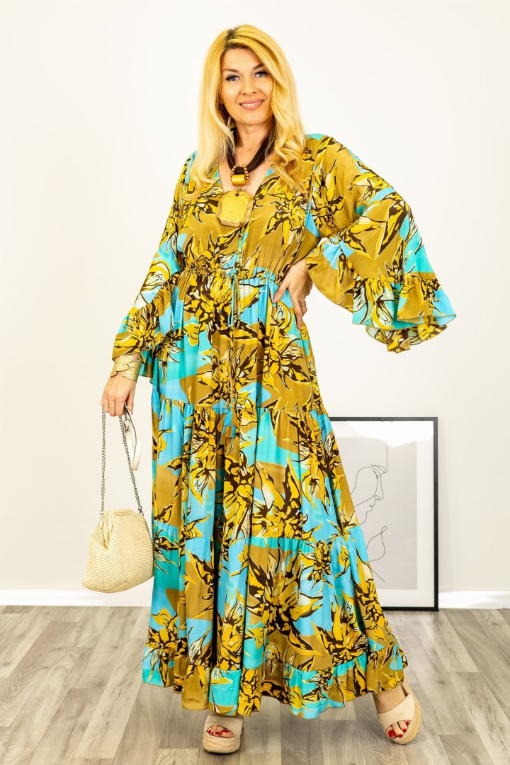 Sukienka jedwabna maxi asymetryczne rękawy print camelowe kwiaty Nuoroa niebieska