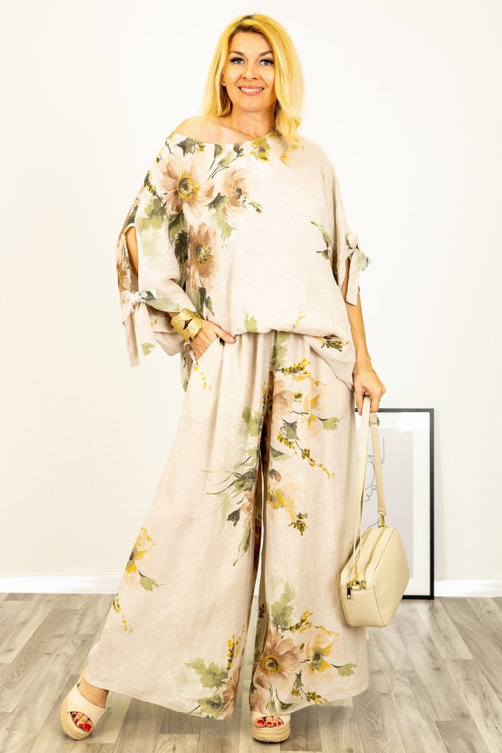 Lniane spodnie palazzo kwiaty Isera beżowe