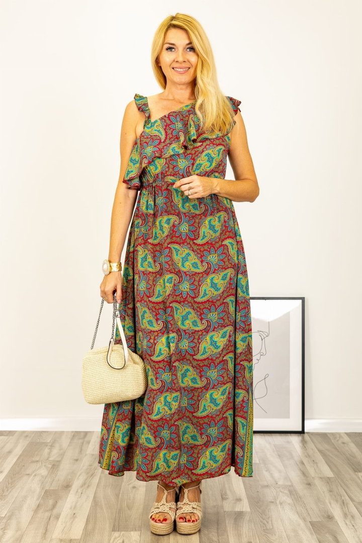 Jedwabna sukienka Calcata w czerwone wzory z asymetrycznym ramiączkiem