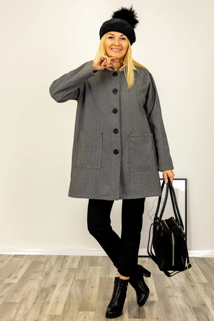 Płaszcz krótki Ceregnanoa szary wiązany w jodełkę z kieszeniami w stylu eleganckim Antaresa.