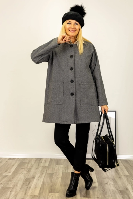 Płaszcz krótki Ceregnanoa szary wiązany w jodełkę z kieszeniami w stylu eleganckim Antaresa.