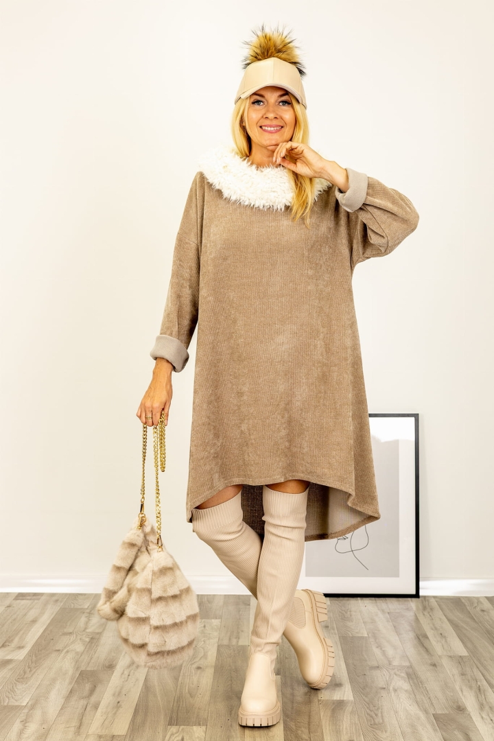 Sukienka Tolloa fango casualowa zimowa oversize ocieplana z barankiem