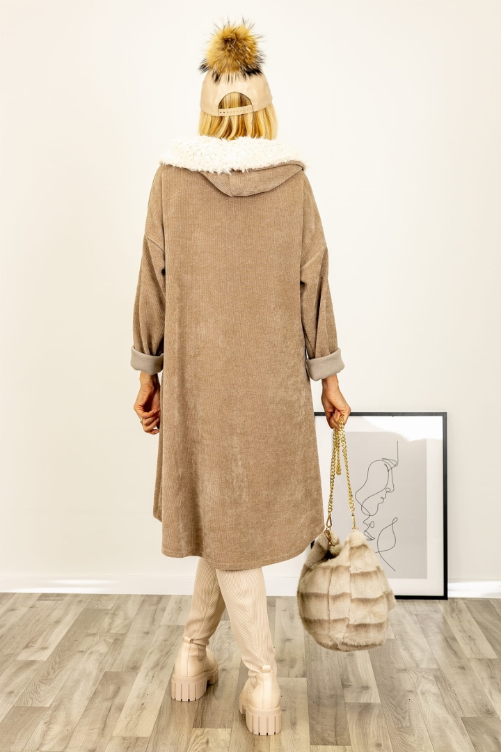 Elegancka sukienka Tolloa fango welurowa zimowa z kapturem i barankiem