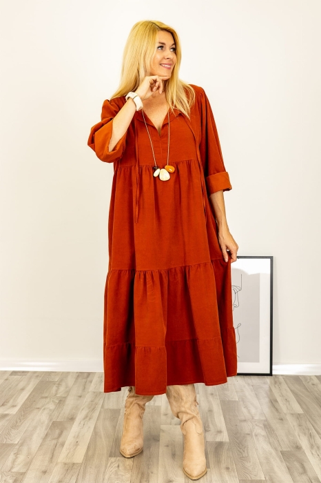 Sukienka Sanseveroa ruda midi z falbanami i wiązanym dekoltem w stylu casual Antaresa