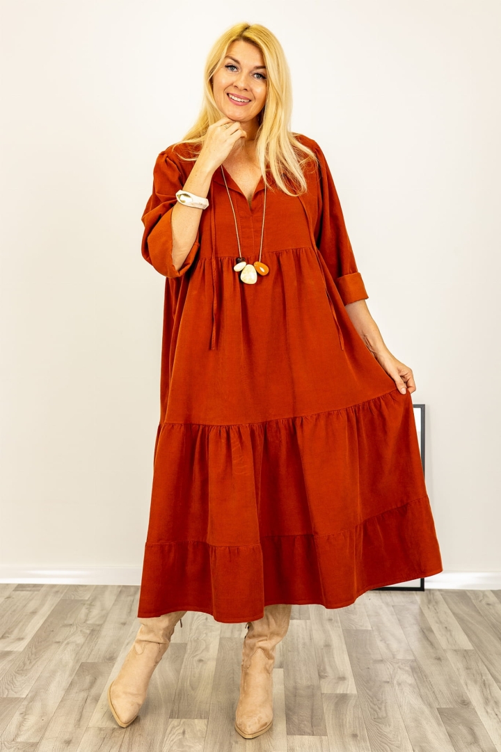 Sukienka Sanseveroa ruda bawełniana oversize midi z wiązanym dekoltem Antaresa