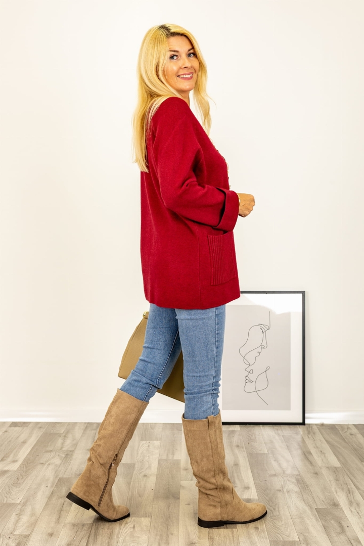 Sweter bordowy Cirimidoa oversize z dekoltem V i kieszeniami Antaresa