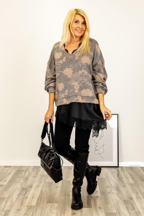 Tunika Bugerrua szara dzianinowa z satynowym dołem i koronkowym wykończeniem marki Antaresa.