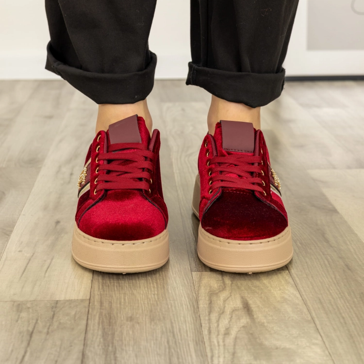 Stylowe sneakersy Crocefieschi bordowe na platformie z weluru