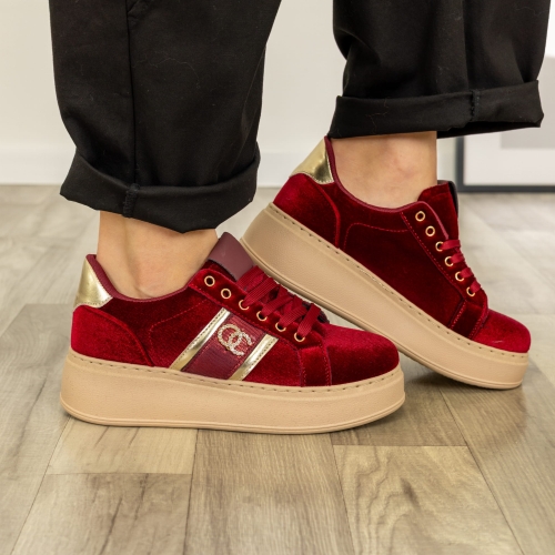 Sneakersy Crocefieschi bordowe z weluru na platformie w eleganckim stylu