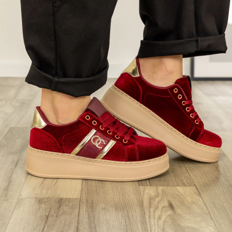 Sneakersy Crocefieschi bordowe z weluru na platformie w eleganckim stylu
