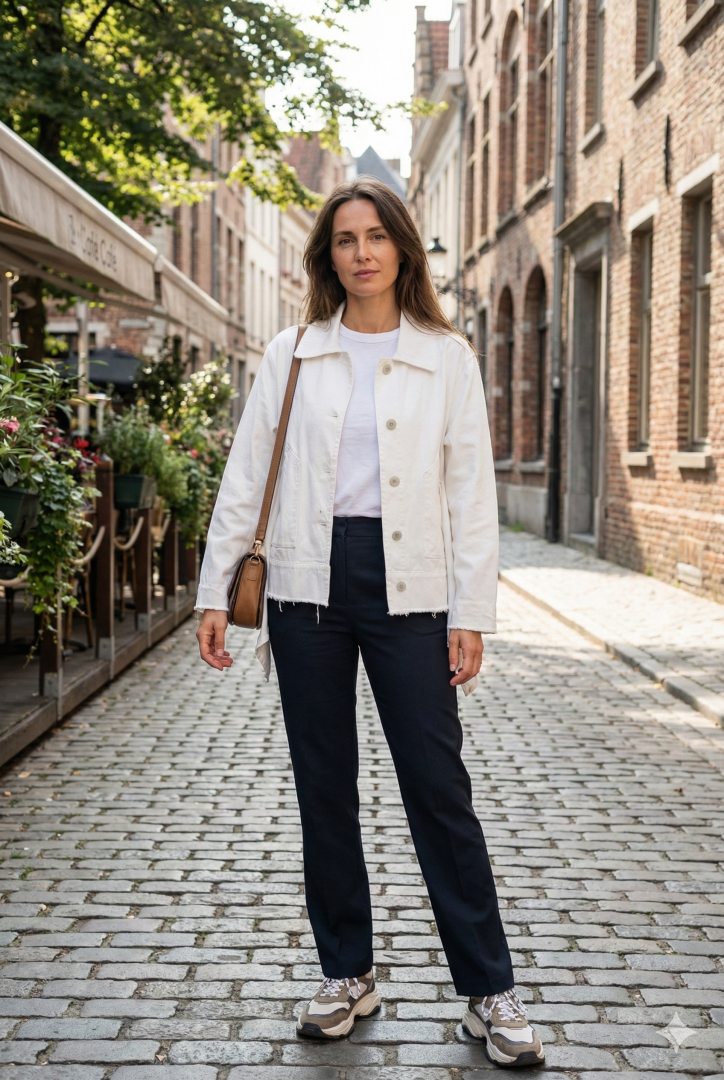 Kurtka Pessinetto biała asymetryczna na guziki z kołnierzykiem marka Antaresa z dekoracyjnymi wstawkami asymetrycznymi