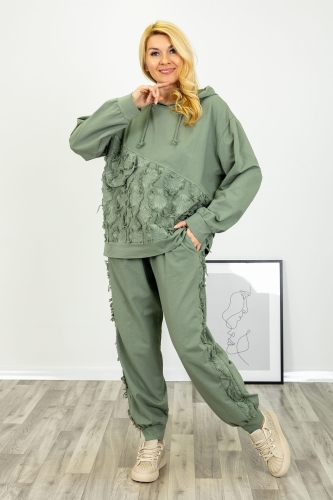 Bluza Giaglione khaki z kapturem o luźnym fasonie ze strzępionym przodem i dekoracyjną patką