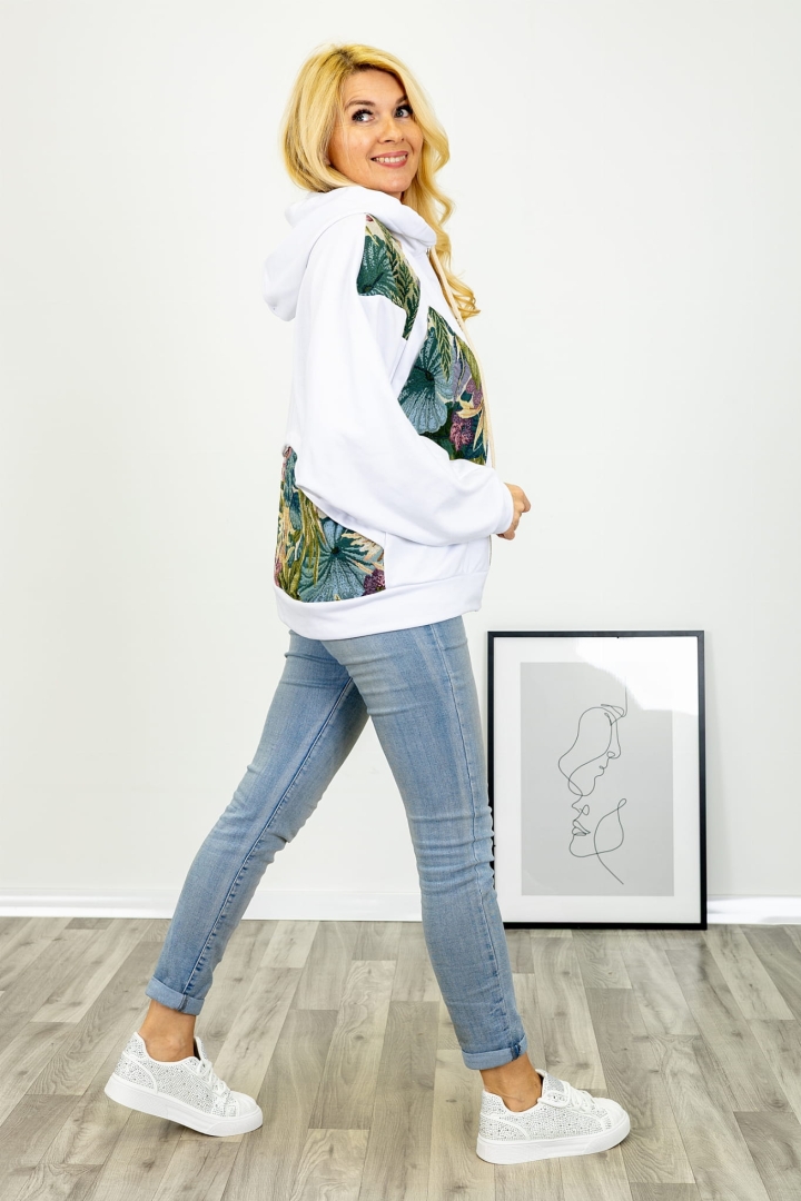 Luźna biała bluza Pinasca z funkcjonalnym suwakiem dużymi kieszeniami i kwiatowym wzorem