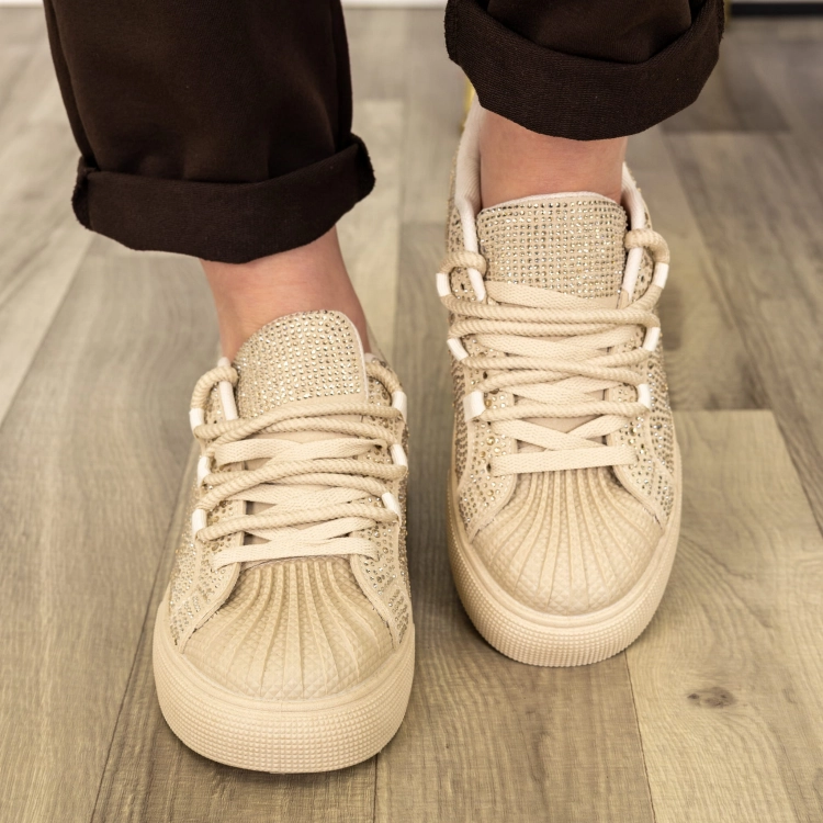 Sneakersy Piobesi w kolorze beżowym z dekoracyjnym przodem i błyszczącymi zdobieniami