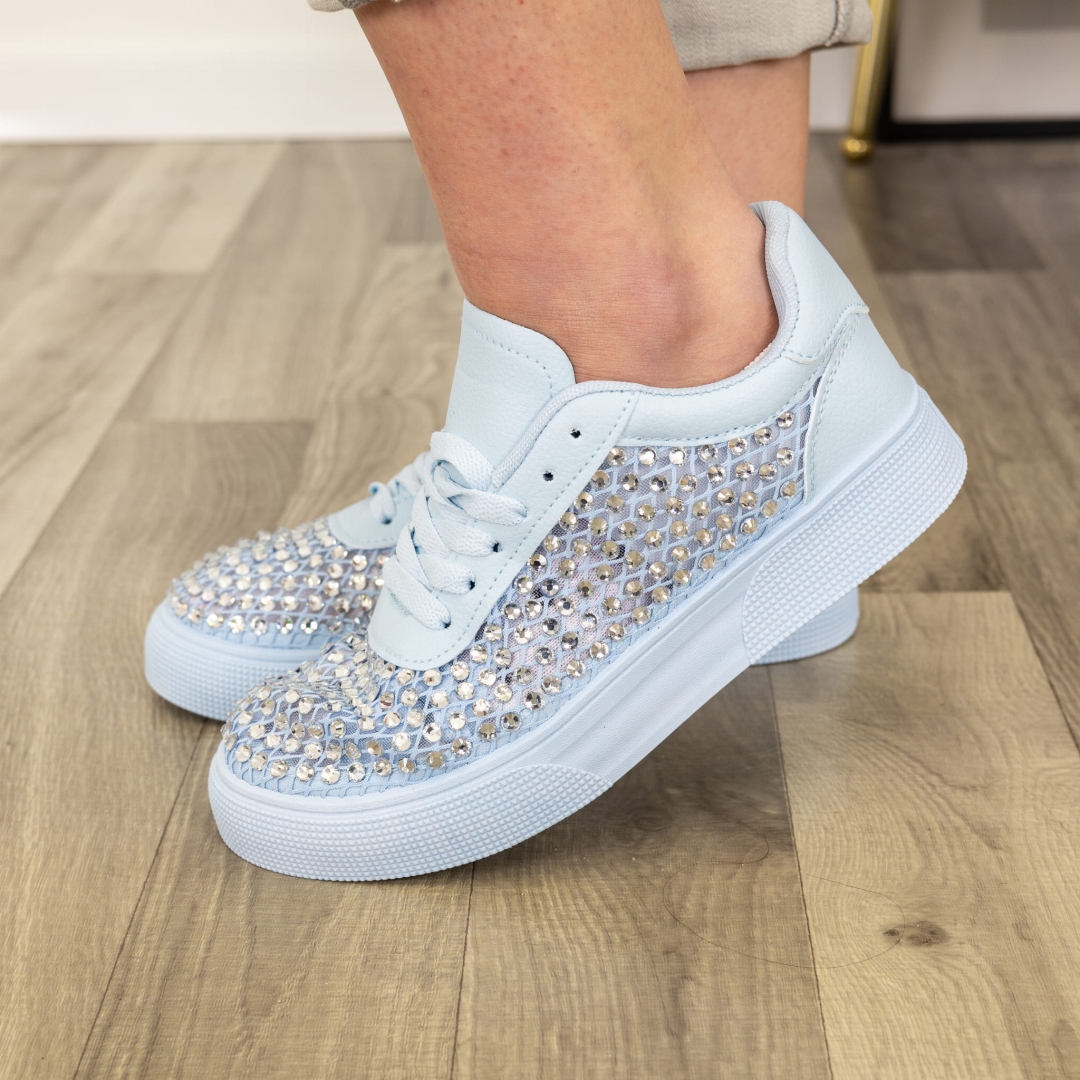 Sneakersy Poirino błękitne na grubej podeszwie ozdobione dużymi cyrkoniami na cholewce