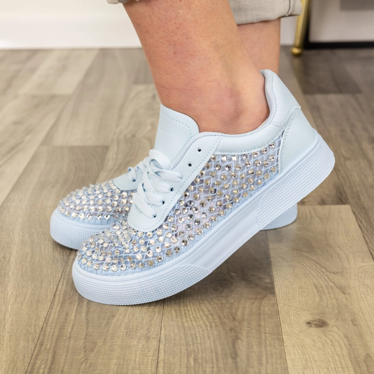Sneakersy Poirino błękitne na grubej podeszwie ozdobione dużymi cyrkoniami na cholewce
