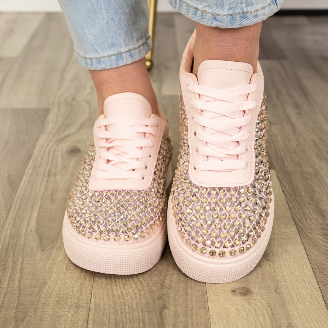 Sneakersy Poirino w kolorze pudroworóżowym z biżuteryjnymi cyrkoniami do stylizacji casual