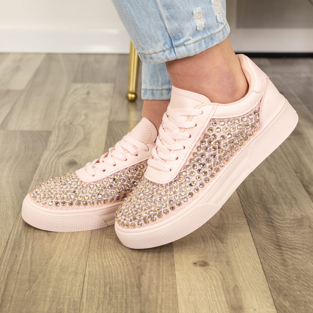 Sneakersy Poirino pudroworóżowe na płaskiej podeszwie z dużymi cyrkoniami na przodzie i bokach