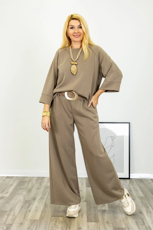 spodnie wide leg Guilmi fango o luźnym casualowym kroju