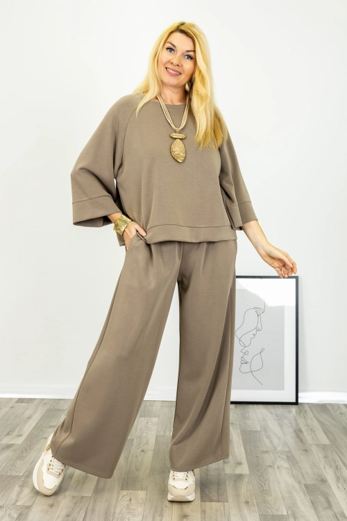 spodnie wide leg Guilmi fango o luźnym casualowym kroju