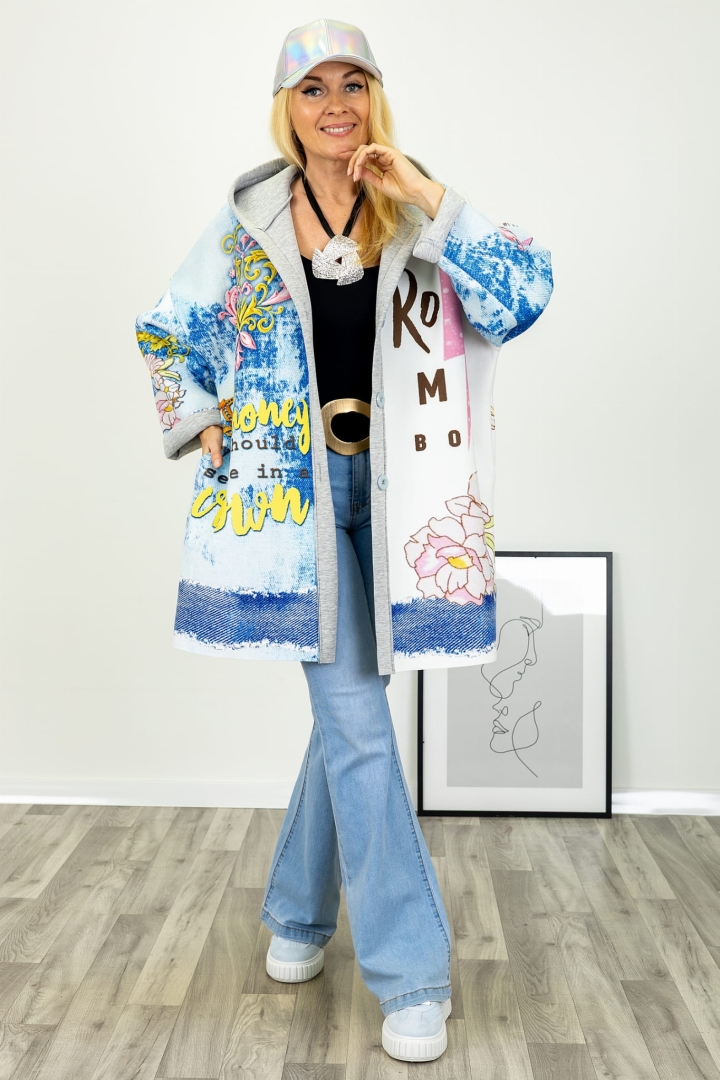 Kurtka oversize z kapturem i kieszeniami kolorowy nadruk Tonara ecru rock style