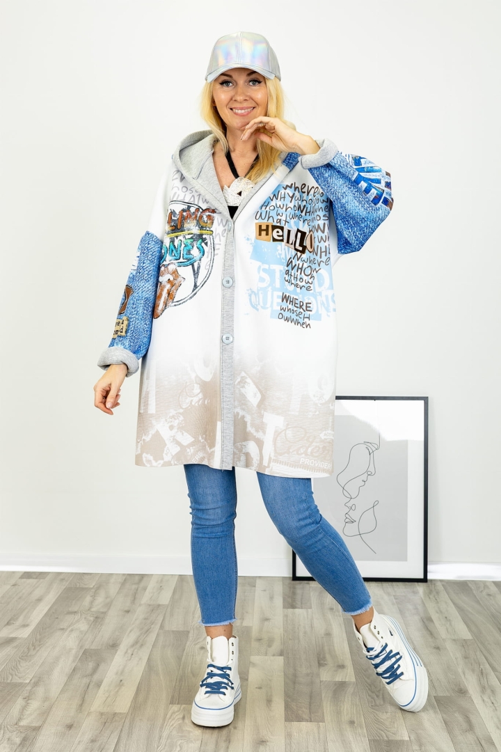 Ecru kurtka Tonara oversize z kapturem kolorowym nadrukiem usta z językiem kieszeniami i szerokim rękawem Antaresa