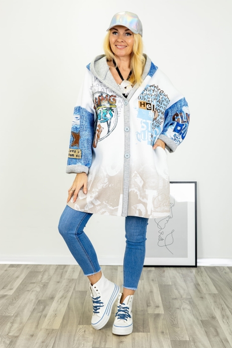 Kurtka Tonara ecru oversize z kapturem kieszeniami bocznymi i kolorowym nadrukiem rock oraz długością do połowy uda Antaresa