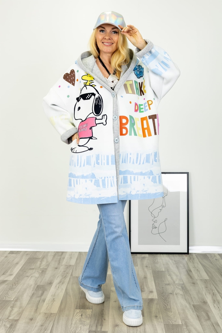 Bluza Tonara ecru oversize z kapturem kieszeniami bocznymi i kolorowym nadrukiem piesek w okularach oraz długością do połowy uda Antaresa